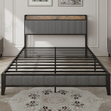 Queen Size Bed Frame with Charging Station, Upholstered Headboard, Metal Platform, GreyMUTUKISPACE