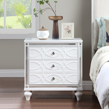 Contemporary Nightstands with mirror frame accents, Bedside Table with two drawers and one hidden drawer, End Table with Crystal Pull for Living Room,Bedroom, WhiteMUTUKISPACE