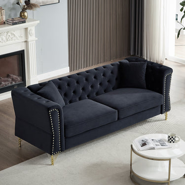 81.8" Chesterfield Sofa Grey Velvet for Living Room, 3 Seater Sofa Tufted Couch with metal foot and Nailhead for Living Room, Bedroom, Office, Apartment, two pillowsMUTUKISPACE