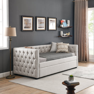 Daybed with Trundle Upholstered Tufted Sofa Bed, with Button and Copper Nail on Square Arms,both Twin Size, Beige(85"x42.5"x31.5")MUTUKISPACE