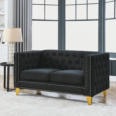 Velvet Sofa for Living Room,Buttons Tufted Square Arm Couch, Modern Couch Upholstered Button and Metal Legs, Sofa Couch for Bedroom, Black Velvet - 2S(W834S00053)MUTUKISPACE