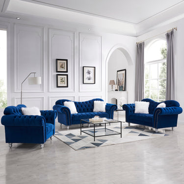 3 Piece Living Room Sofa Set, including 3 - Seater Sofa, Loveseat and Sofa Chair, with Button and Copper Nail on Arms and Back, Five White Villose Pillow, Blue.MUTUKISPACE