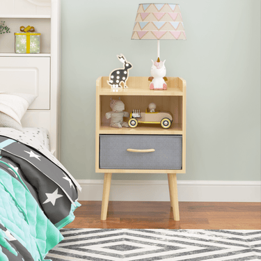Nightstand With Collapsible Fabric Drawer, 2 - Tier Storage End Table, Wood Side Table with Storage Cabinet or Kids, Adults - OakMUTUKISPACE