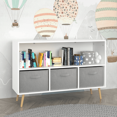 Kids bookcase with Collapsible Fabric Drawers, Children's Book Display, Toy Storage Cabinet Organizer, White/GrayMUTUKISPACE