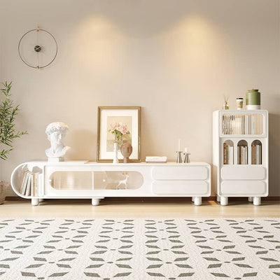 Stylish Beige Wood TV Cabinet with Glass Doors