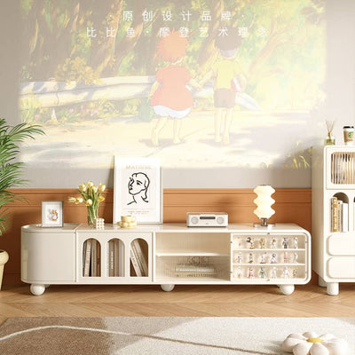 Beige Solid Wood TV Cabinet with Glass Doors and Laminated Finish