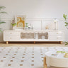 Stylish Beige Wood TV Cabinet with Glass Doors - Modern Solid Wood Entertainment Center fbby - 1404MUTUKISPACE