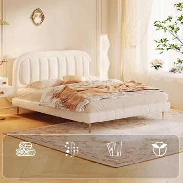 Elegant Beige Cotton Bed Frame with Pine Wood and Stainless Steel Accents fbby - 1405MUTUKISPACE