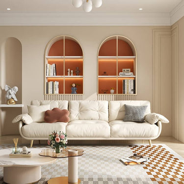 Luxurious Modern Sofa with Beige, Orange, Green, and Brown Accents - Solid Wood Frame and Stainless Steel Details - Premium Down and Cotton Blend Upholstery and Leathaire Finish fbby - 1407MUTUKISPACE