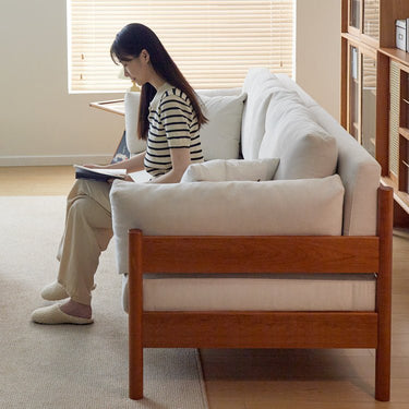 Stylish Beige & Green Corduroy Sofa with Light Brown and Gray Accents - Cherry Wood Frame fcp - 1281MUTUKISPACE
