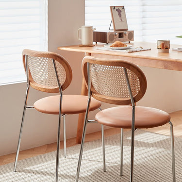 Stylish Light Brown Ash Wood Chair with Rattan Back and Faux Leather Seat fcp - 1283MUTUKISPACE