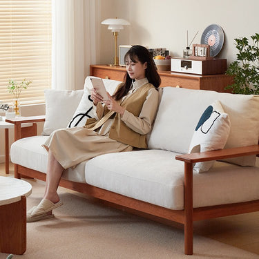 Elegant White Sofa with Green and Light Brown Accents on Cherry and Ash Wood Frame – Cotton - Linen Blend Upholstery fcp - 1292MUTUKISPACE