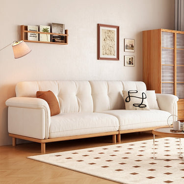 Elegant Beige Sofa with Light Brown Ash Wood Frame - Cotton & Faux Leather Upholstery fcp - 1297MUTUKISPACE