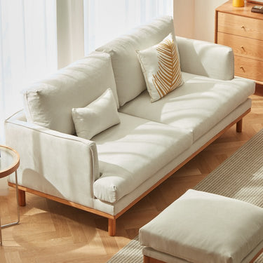 Luxury Goose Down Sofa with Light Gray Cotton and Beige Faux Leather Accents, Cherry Wood Frame fcp - 1298MUTUKISPACE