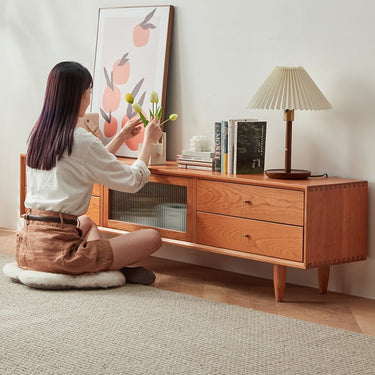 Elegant Natural Cherry Wood TV Cabinet with Zelkova Wood Shelving and Glass Doors fcp - 1310MUTUKISPACE