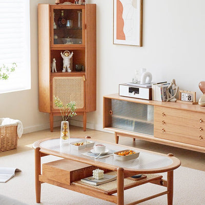 Elegant Natural Cherry Wood and Rattan Coffee Table - Handcrafted Accent Furniture fcp - 1320MUTUKISPACE