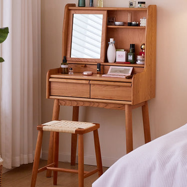 Elegant Natural Cherry Wood Makeup Vanity with Glass Top fcp - 1321MUTUKISPACE