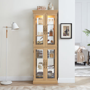 Lighted Glass Display Cabinet with Wood Frame – Curio and Wine Storage Cabinet for Living Room or Kitchen, Light Oak FinishMUTUKISPACE