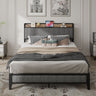 Queen Size Bed Frame with Charging Station, Upholstered Headboard, Metal Platform, GreyMUTUKISPACE