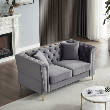 60.2" Chesterfield Sofa Beige Velvet for Living Room, 2 Seater Sofa Tufted Couch with Metal Foot and Nailhead for Living Room, Bedroom, Office, Apartment, two pillowsMUTUKISPACE