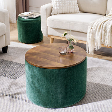 2 - Piece Set Round Chenille Storage Ottoman, Equipped with a Drum Shaped Small Stool, Storage Space, and MDF Made Desktop Panel (Dark Green23.62"x23.62"x16.53")MUTUKISPACE