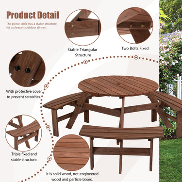 6 - Person Outdoor Circular Wooden Picnic Table 3 Built - in Benches, 1720lb Capacity (Brown)MUTUKISPACE