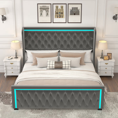 King Platform Bed Frame With High headboard, Velvet Upholstered Bed with Deep Tufted Buttons, Adjustable Colorful LED Light Decorative Headboard, Wide Wingbacks, GREYMUTUKISPACE