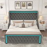 Queen Platform Bed Frame With High headboard, Velvet Upholstered Bed with Deep Tufted Buttons, Adjustable Colorful LED Light Decorative Headboard, Wide Wingbacks,GREYMUTUKISPACE