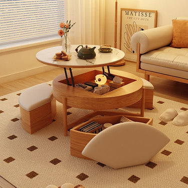 Elegant White and Brown Coffee Table with Natural Wood and Sintered Stone Top fjnl - 1599MUTUKISPACE