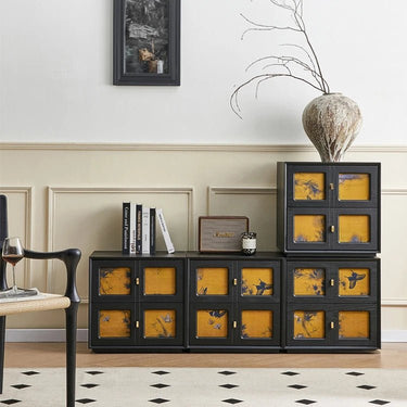 Vintage Pine Bedside Cupboard with Artistic Silk Panels for Stylish Storage fjnw - 4542MUTUKISPACE