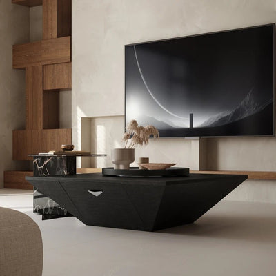 Modern Geometric Coffee Table with Solid Wood and Tempered Glass Accents
