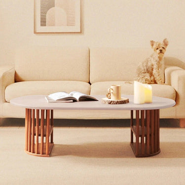 Oval Coffee Table with Wooden Base – Contemporary Living Room Centerpiece fls - 5332MUTUKISPACE