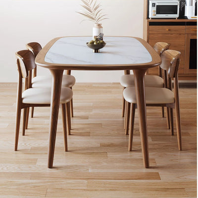 Sleek Matte White Sintered Stone & Ash Wood Dining Table – Modern Elegance for Your Home fmbs - 002MUTUKISPACE