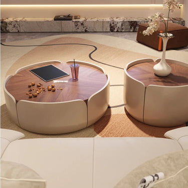 Walnut Wood top and Beige Round Coffee Table – Modern Accent for Stylish Living Room fme - 3127MUTUKISPACE