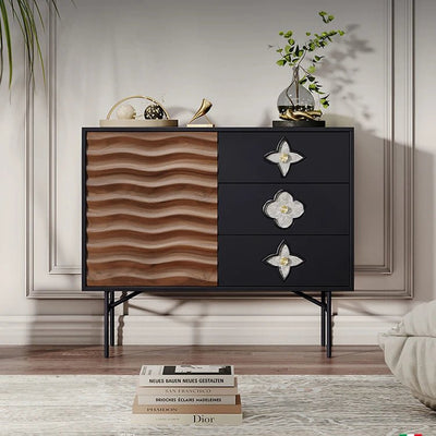 Modern Solid Wood Cabinet with Artistic Stainless Accents - Unique Multi-Layer Design
