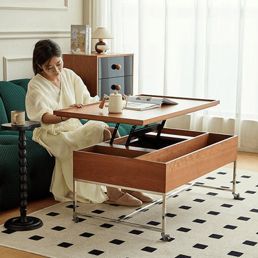 Elegant Multi - Material Light Brown Black Cherry Wood Coffee Table – Modern Design with Metal Accents fmy - 685MUTUKISPACE