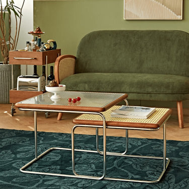 Chic Solid Wood & Glass Coffee Table with Black Stainless Steel & Rattan Accents fmy - 689MUTUKISPACE