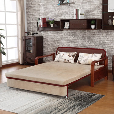 Stylish Sofabed in Khaki Yellow with Dark Gray, Light Brown, and Blue Accents - Durable Rubber Wood and Pine Wood Frame with Faux Leather & Cotton - Linen Blend Upholstery fnm - 949MUTUKISPACE