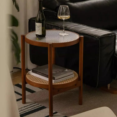 Cherry Wood & Rattan Coffee Table with Tempered Glass Top - Elegant Living Room Accent fpmxm - 2780MUTUKISPACE