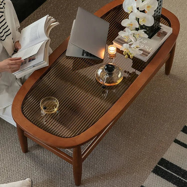 Stylish Cherry Wood & Boxwood Coffee Table with Tempered Glass Top fpmxm - 2782MUTUKISPACE