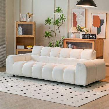 Modern White Sofa with Green, Blue, and Gray Accents - Black Wood Frame and Faux Lambswool Silicon Fill for Ultimate Comfort fsmy - 450MUTUKISPACE