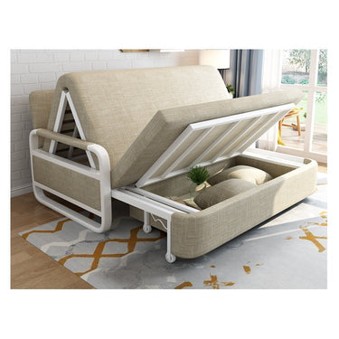 Stylish Solid Wood Sofabed - Khaki, White & Light Blue Cotton - Linen Blend fsx - 997MUTUKISPACE
