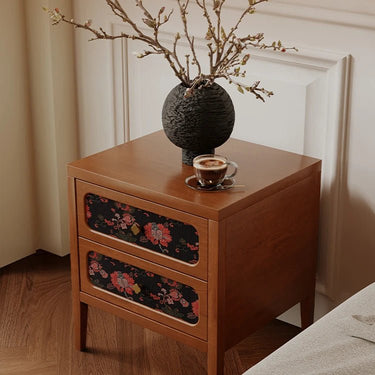 Elegant Solid Wood Bedside Cupboard with Floral Accents - Ash & Cherry Finish ful - 4461MUTUKISPACE