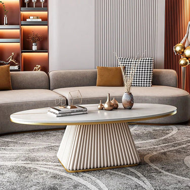 Oval Sintered Stone Coffee Table – Faux Leather Base for Contemporary Decor fxmj - 3057MUTUKISPACE