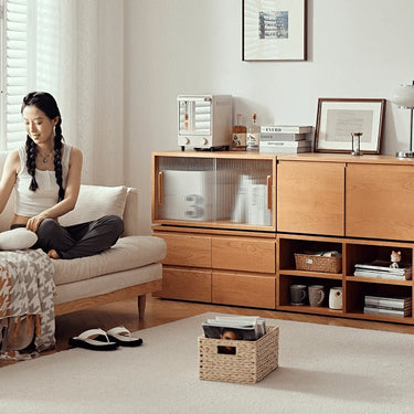 Elegant Cherry Wood Cabinet with Metal Accents and Glass Doors - Natural Finish fyg - 671MUTUKISPACE