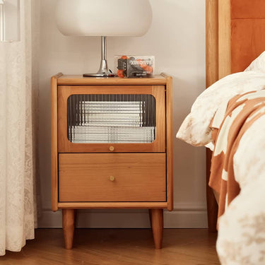 Elegant Bedside Cupboard with Glass Door - Cherry & Tung Wood Finish fyg - 674MUTUKISPACE