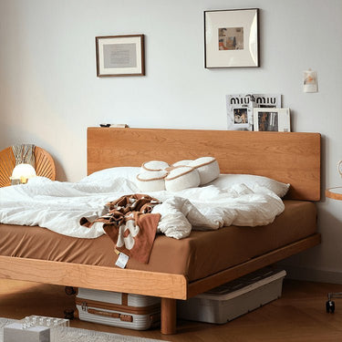 Elegant Natural Wood Bed with Cherry and Beech Wood Accents & Durable Metal Frame fyg - 678MUTUKISPACE