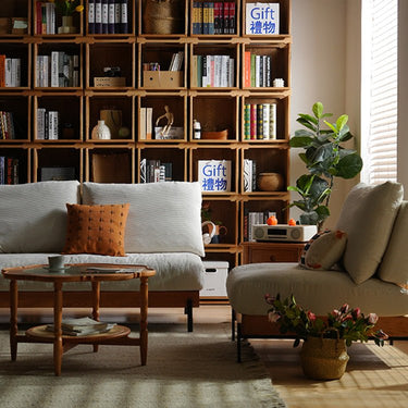 Elegant Off White Sofa with Cherry Wood Accents and Plush Corduroy Finish fyx - 829MUTUKISPACE