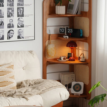 Elegant Cherry Wood Storage Rack with Rattan Shelves & Stainless Steel Frame fyx - 852MUTUKISPACE
