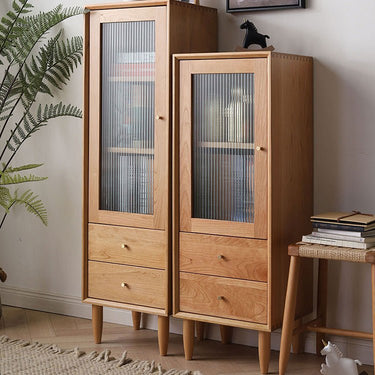 Elegant Oak and Cherry Wood Glass Cabinet with Copper Accents - Versatile Paulownia Storage Solution fyx - 856MUTUKISPACE